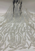 Heavy Diamond Grid 3/5 mm Crystal-Look Sequin & Triple-Bead Embroidered Bridal Fabric