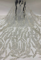 Heavy Diamond Grid 3/5 mm Crystal-Look Sequin & Triple-Bead Embroidered Bridal Fabric
