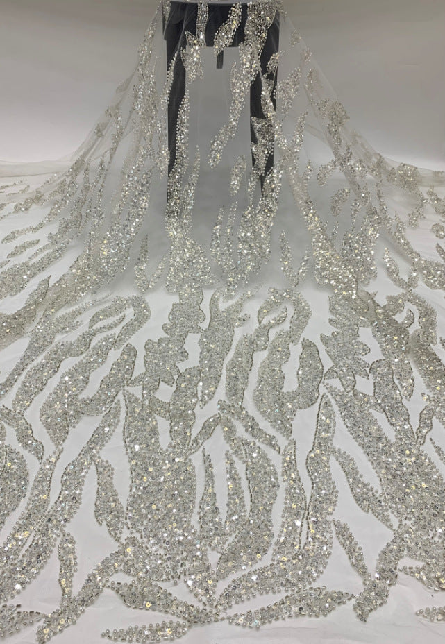 Heavy Diamond Grid 3/5 mm Crystal-Look Sequin & Triple-Bead Embroidered Bridal Fabric