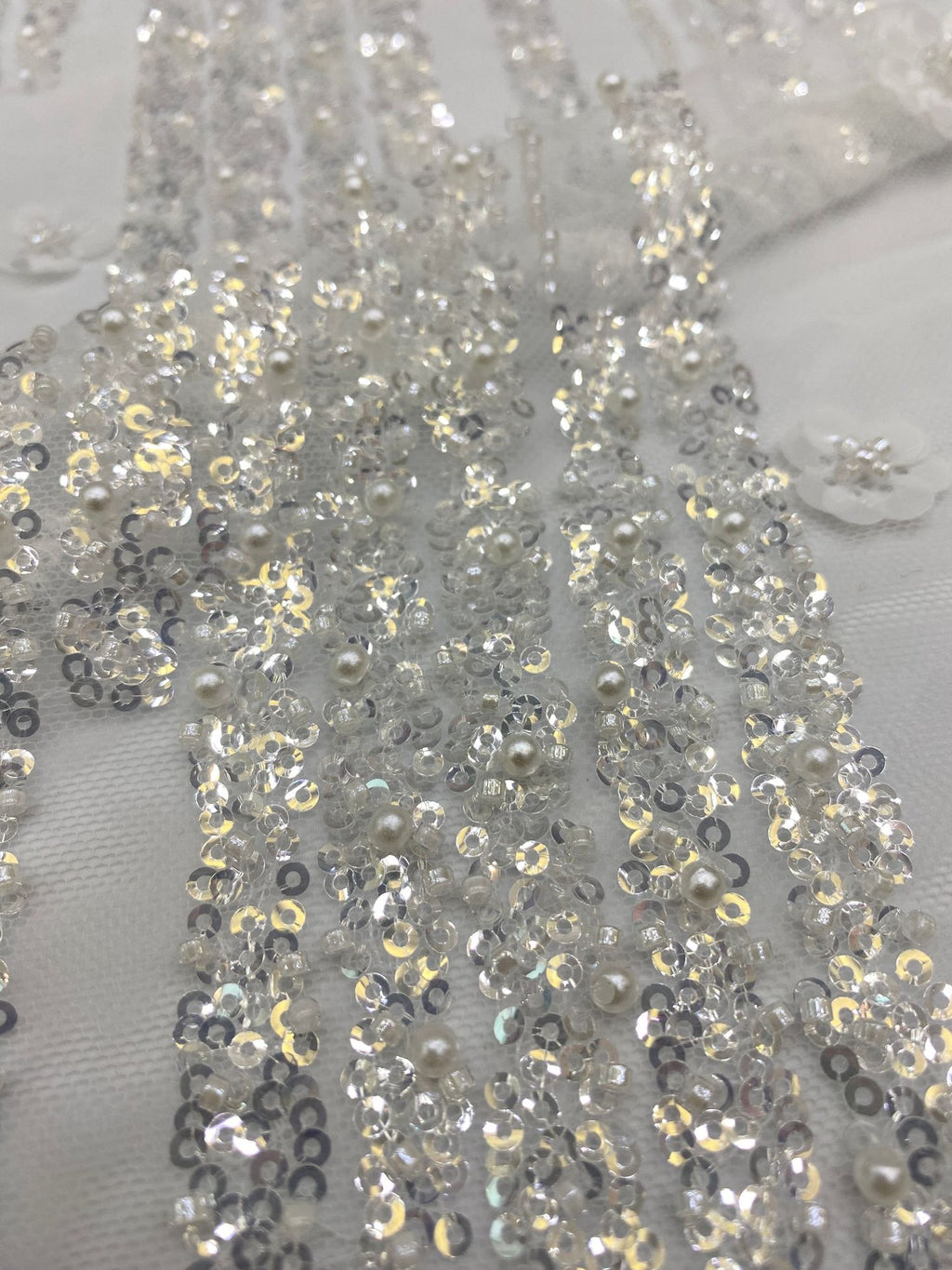 Small Floral Sequin & Bubble-Bead Embroidered Bridal Fabric — fabric photo 5