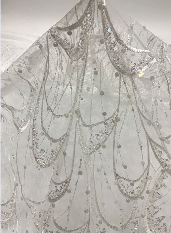 Large Floral Double-Bead Embroidered Bridal Fabric — fabric photo 2