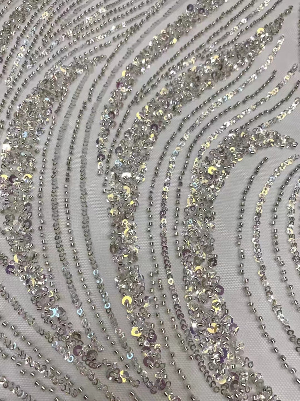 Wave 3/5 mm Crystal-Look Sequin & Silver-Bead Embroidered Bridal Fabric – Design 69183 — fabric photo 3