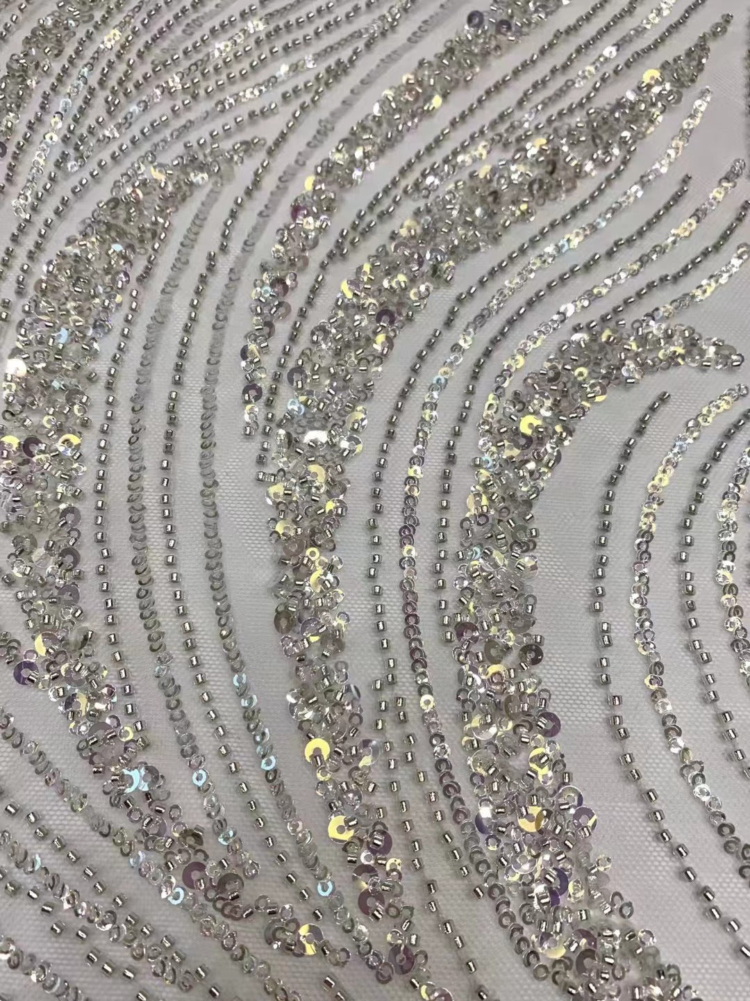 Wave 3/5 mm Crystal-Look Sequin & Silver-Bead Embroidered Bridal Fabric – Design 69183 — fabric photo 3