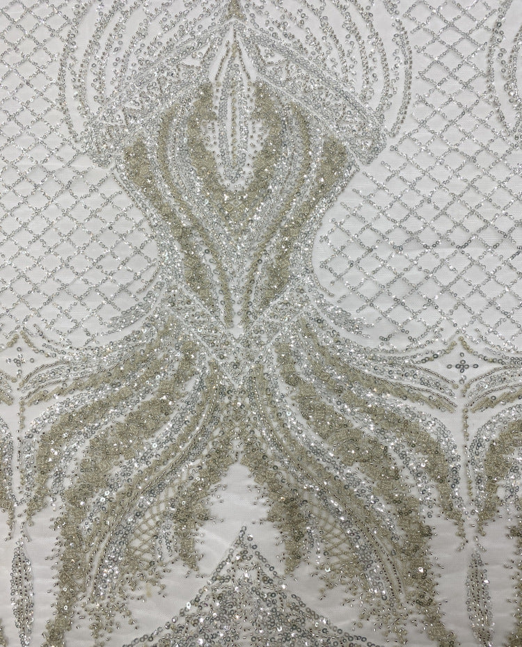 Large Floral Bead & 3/4 mm Sequin Bridal Fabric — fabric photo 4
