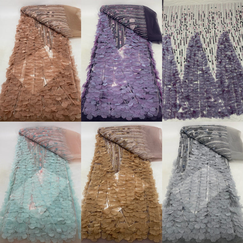 3D Hand-Sewn Floral Bead and Sequin Embroidered Fabric