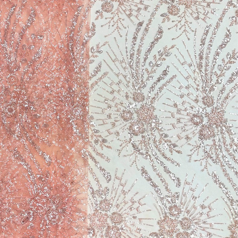 White-Style Bugle Bead Embroidered Polyester Mesh – Per Yard