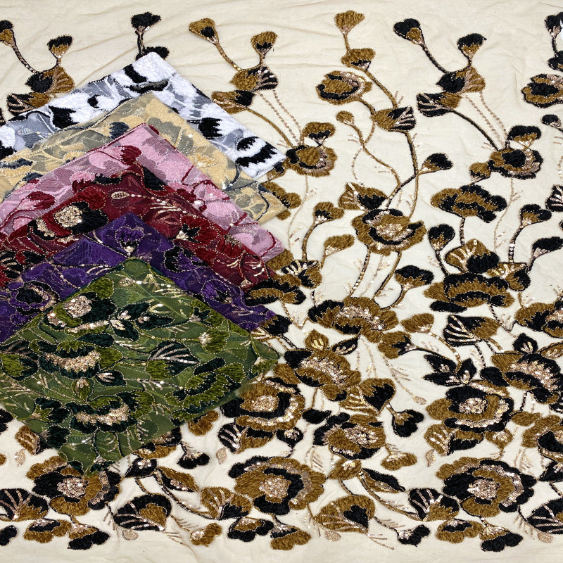 Two-Tone Cordwork Bead & Sequin Embroidered Fabric