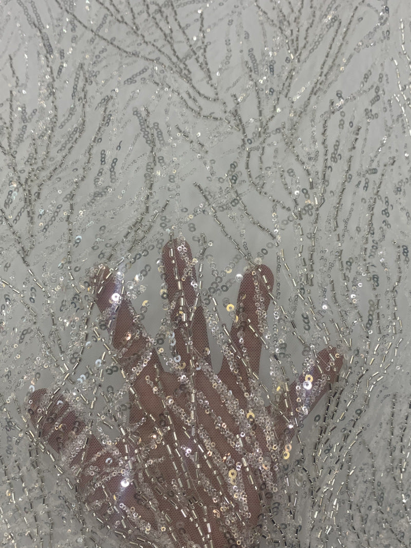Bugle Bead & 2/4 mm Crystal Sequin Embroidered Fabric — fabric photo 4