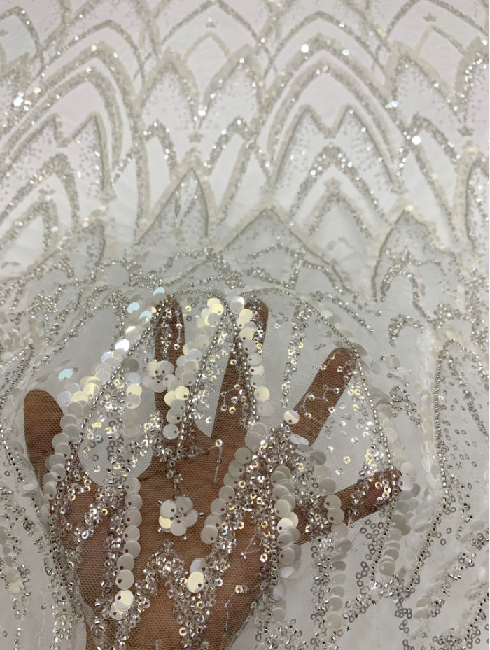 3/7 mm Sequin & Silver-Bead Embroidered Bridal Fabric – Design 18911 — fabric photo 5