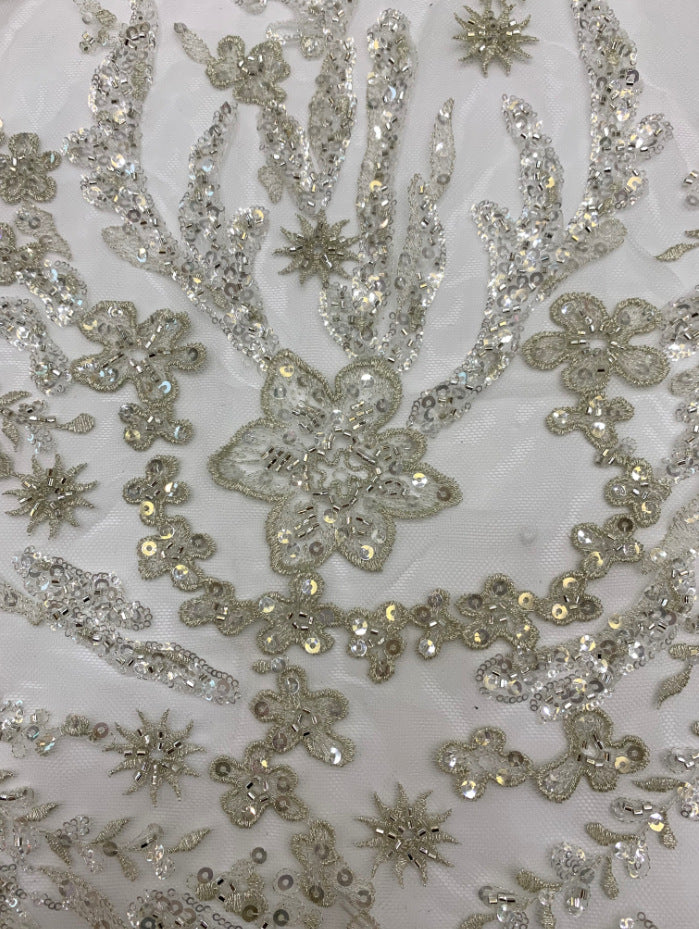 3D 2/4 mm Crystal-Look Sequin & Silver-Bead Embroidered Bridal Fabric — fabric photo 3
