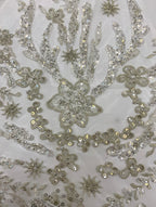 3D 2/4 mm Crystal-Look Sequin & Silver-Bead Embroidered Bridal Fabric — fabric photo 3