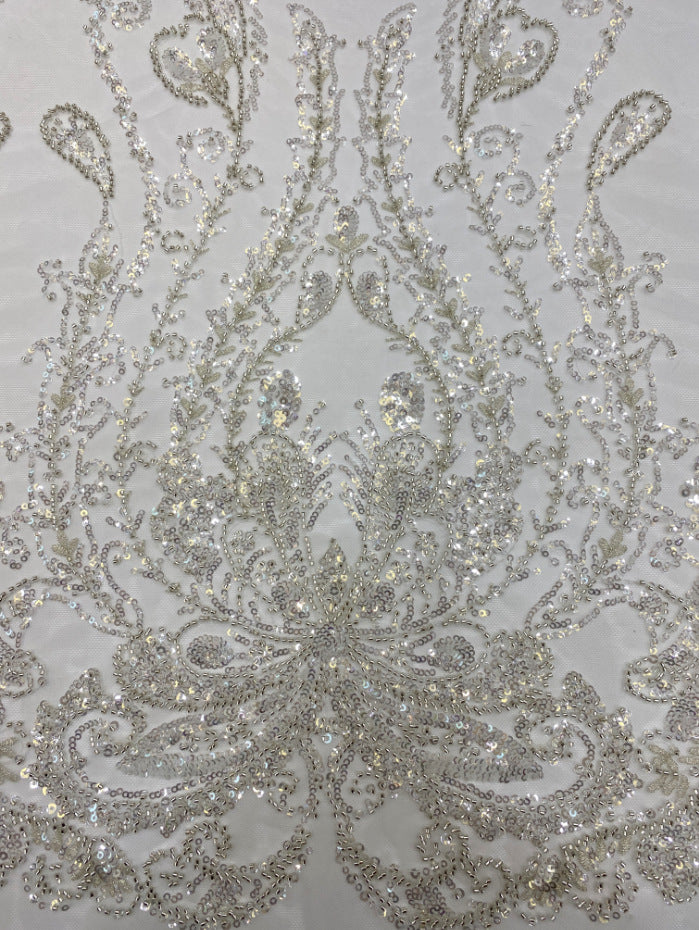 Large Floral 3/4 mm Crystal-Look Sequin & Silver-Bead Embroidered Bridal Fabric — fabric photo 3