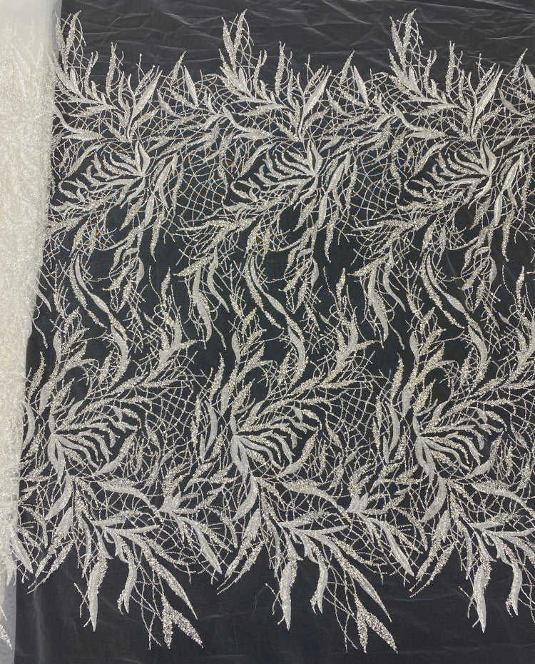 Silver Bead & Ivory 2/4 mm Sequin Embroidered Fabric