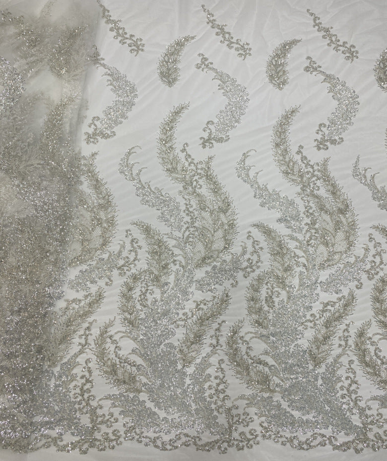 White and Silver Bead Embroidery with 3/4 mm Sequins — fabric photo 6