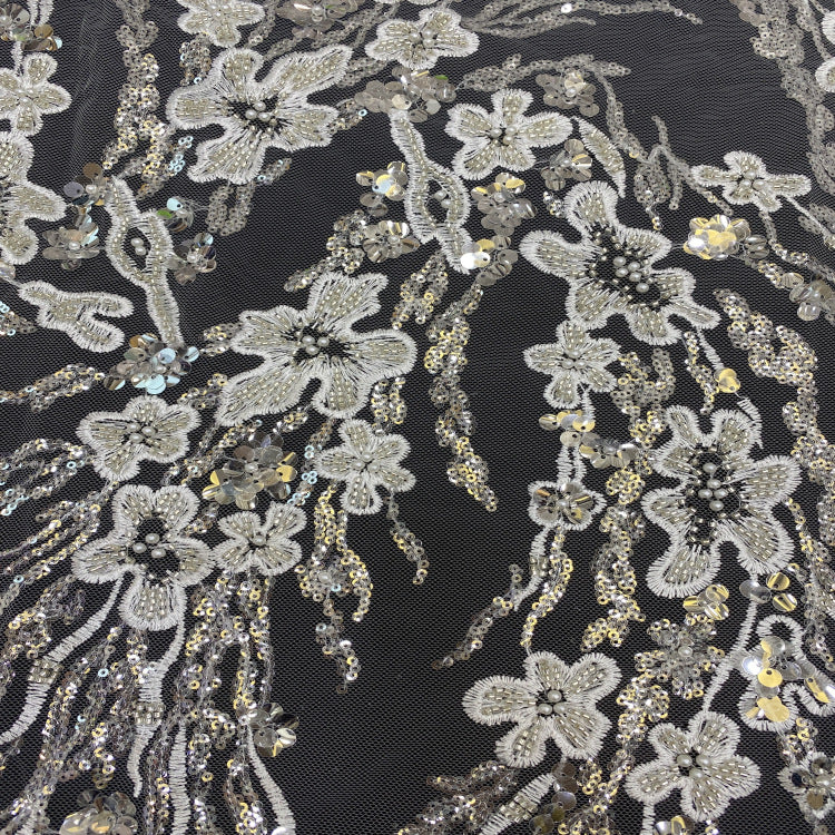 3/7 mm Crystal-Look Sequin & Silver-Bead Embroidered Bridal Fabric – Design 47551 — fabric photo 6