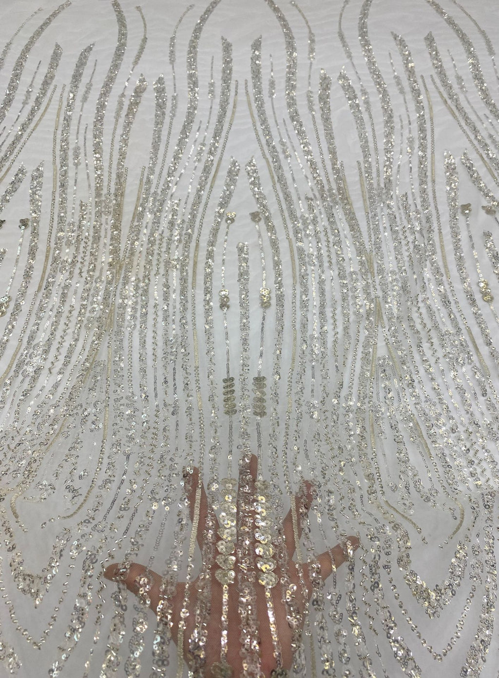 3/5 mm Crystal-Look Sequin & Silver-Bead Embroidered Bridal Fabric — fabric photo 4