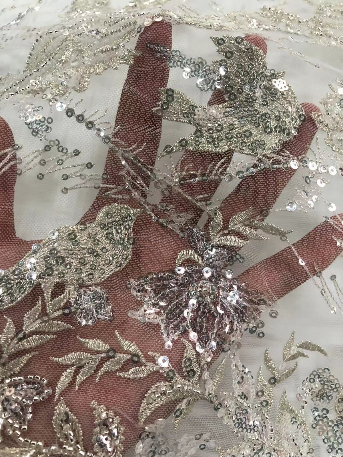 Forest-Inspired Silver-Thread Beaded Sequin Fabric — fabric photo 3