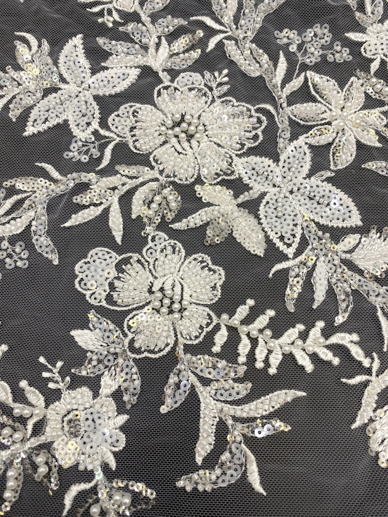 Symmetrical Floral Beaded Sequin Lace Fabric — fabric photo 3