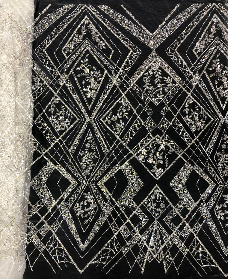 Heavy 3/5 mm Crystal-Look Sequin & Triple-Bead Embroidered Bridal Fabric – Design 99583 — fabric photo 4