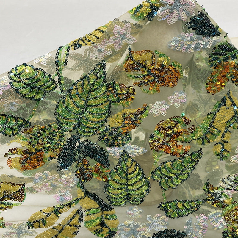 Floral Leaf Colorful Sequin Embroidery Fabric — fabric photo 2