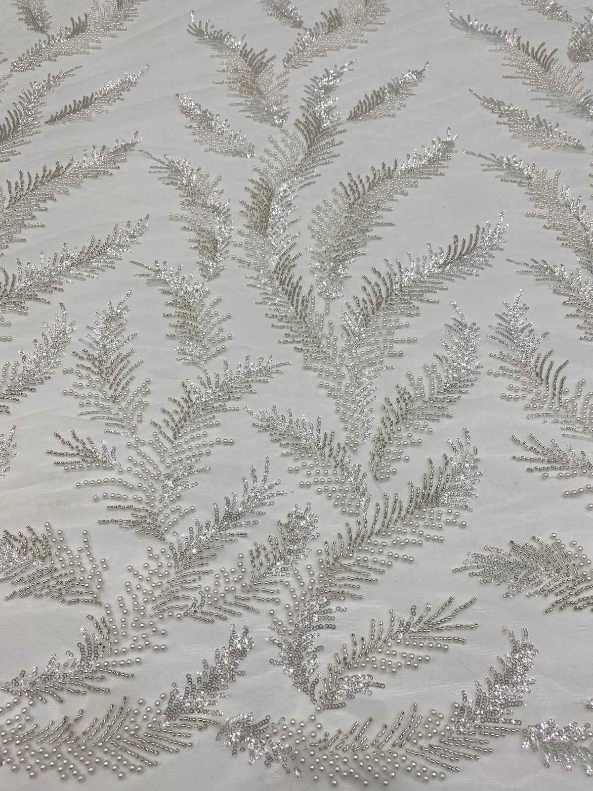 Feather-Detail Silver Bead & 3 mm Sequin Fabric — fabric photo 3