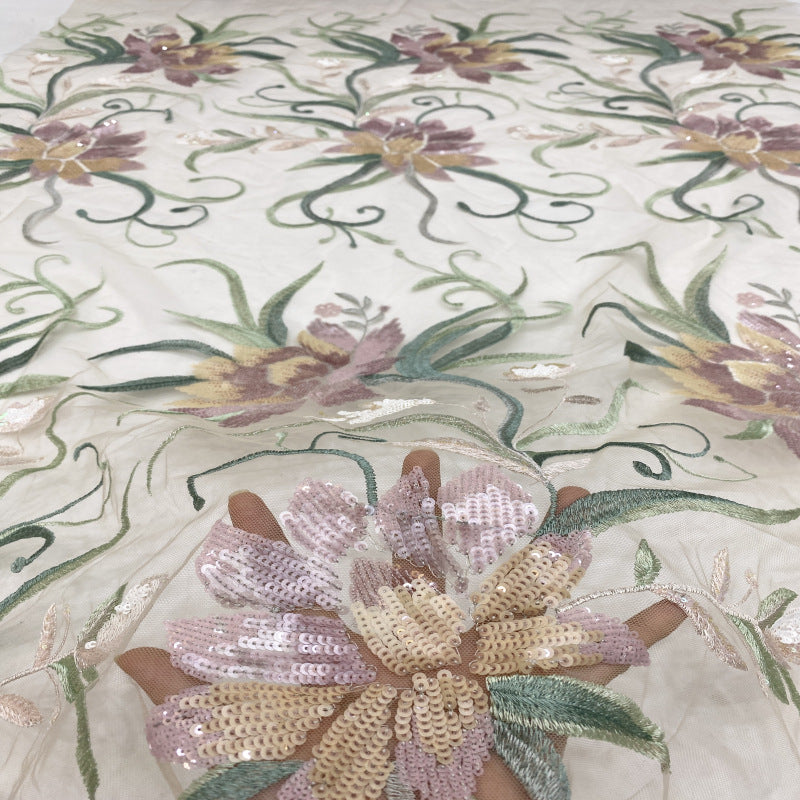 Multicolor Botanical Sequin Embroidered Bridal Fabric – Design 01823 — fabric photo 3