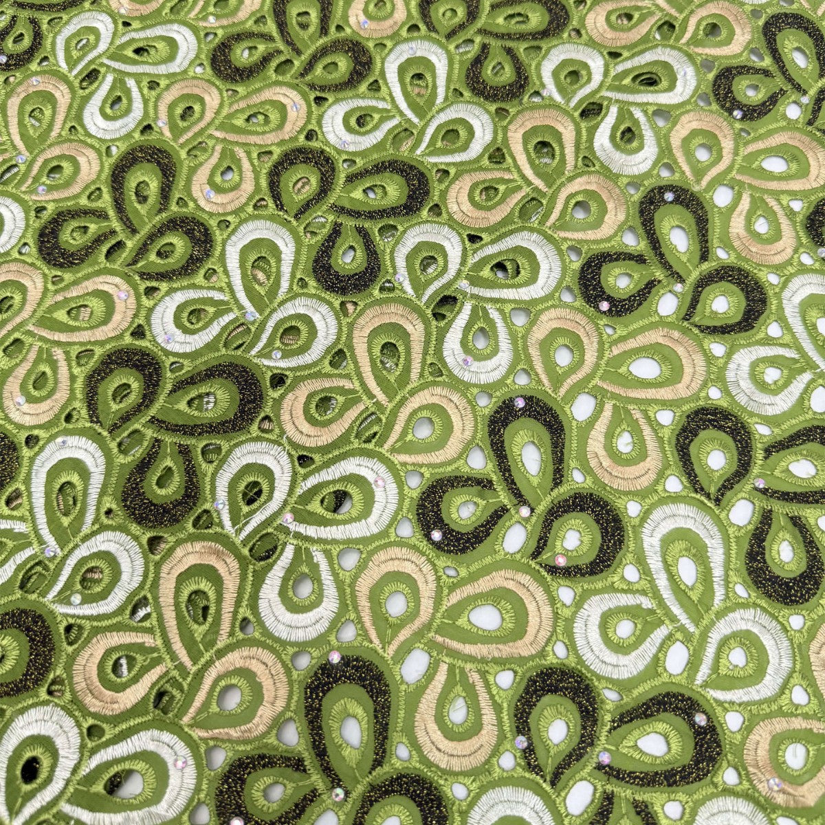 African Paisley Cutwork Cotton Lace with Rhinestones – Per Yard — fabric photo 2
