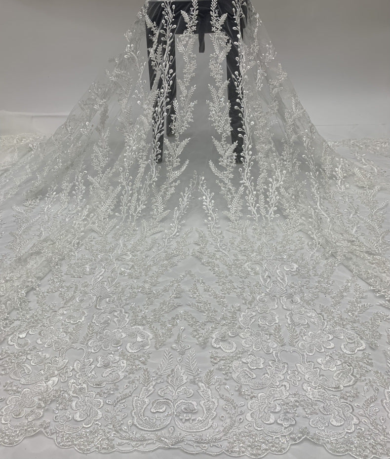 White Beaded Motif & 4 mm Sequin Embroidered Fabric — fabric photo 5