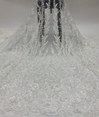White Beaded Motif & 4 mm Sequin Embroidered Fabric — fabric photo 5
