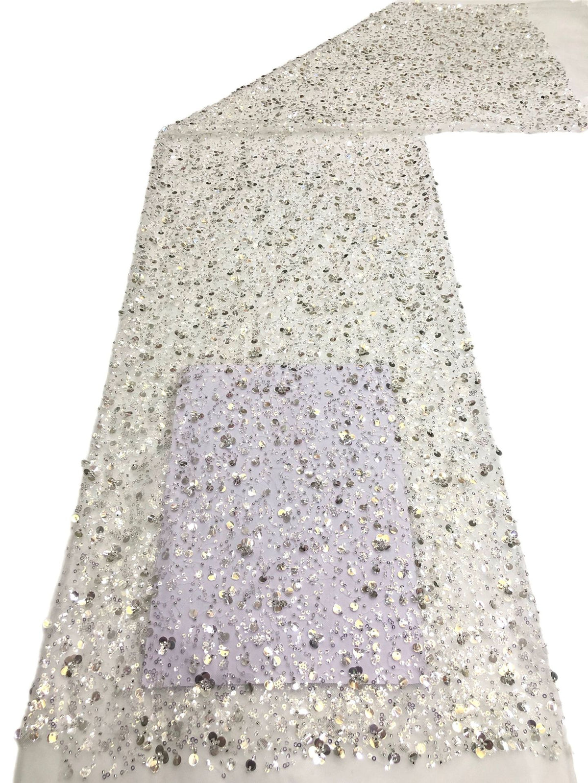 3/7 mm Crystal-Look Sequin & Silver-Bead Embroidered Bridal Fabric – Design 43071 — fabric photo 5