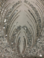 3D 3/5 mm Crystal-Look Sequin & Silver-Bead Embroidered Bridal Fabric – Design 72575 — fabric photo 3