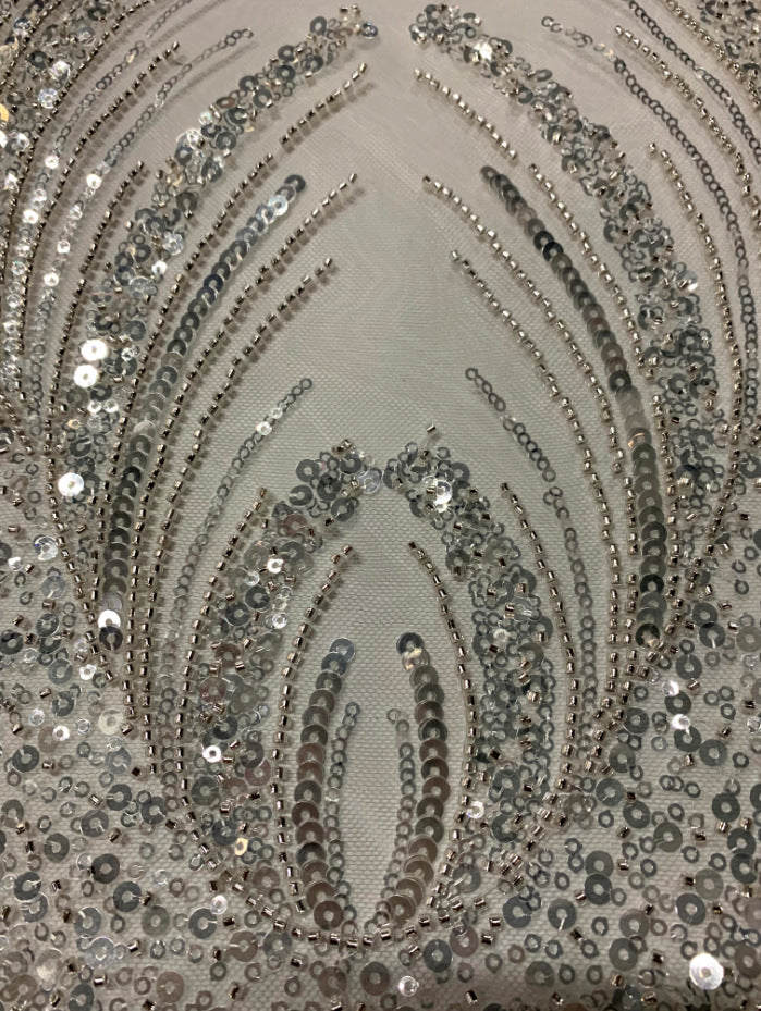 3D 3/5 mm Crystal-Look Sequin & Silver-Bead Embroidered Bridal Fabric – Design 72575 — fabric photo 3