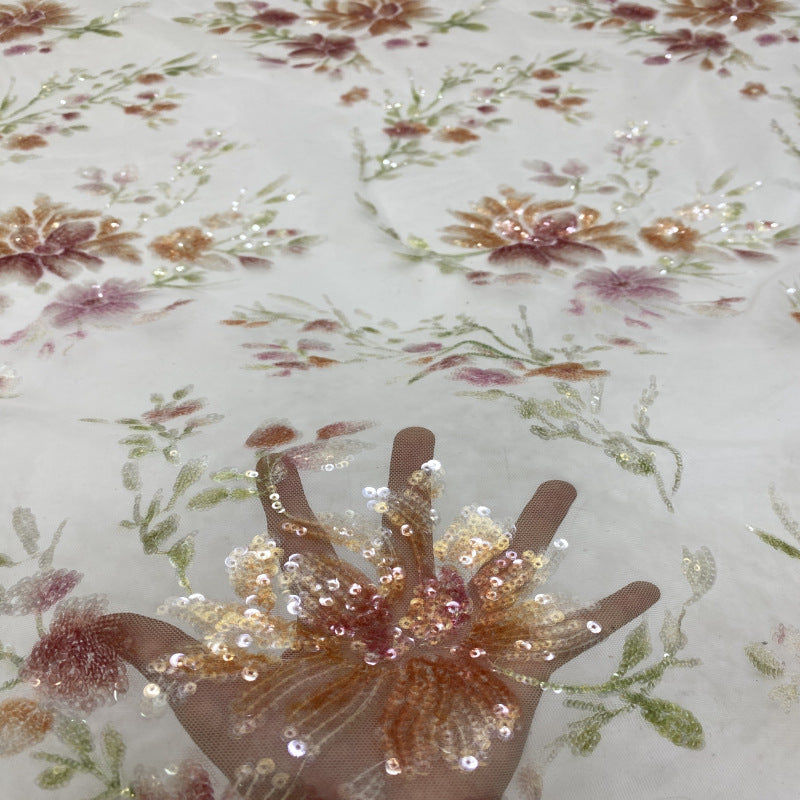Botanical Printed Multicolor Sequin Fabric — fabric photo 3