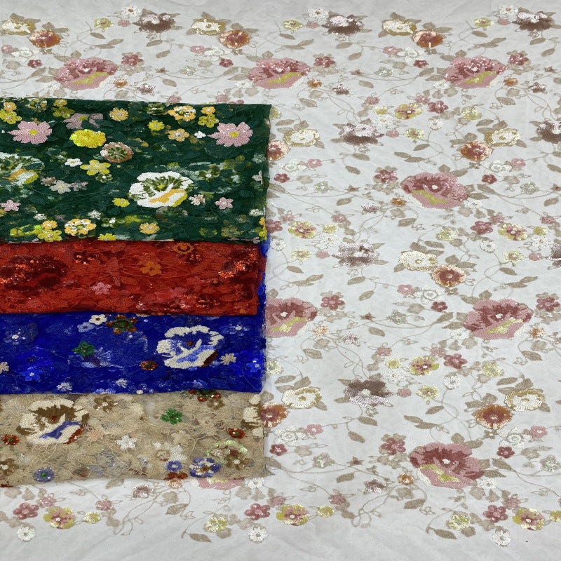 Multicolor Botanical Sequin Embroidered Bridal Fabric – Design 58463