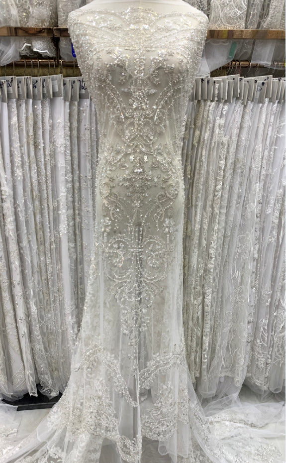 3 mm Crystal-Look Sequin & Silver-Bead Embroidered Bridal Fabric — fabric photo 4