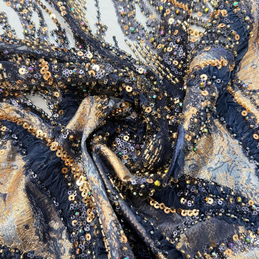 Contrast Wave Bugle Bead & Sequin Embroidered Mesh – Per Yard — fabric photo 2