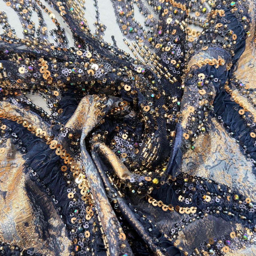Contrast Wave Bugle Bead & Sequin Embroidered Mesh – Per Yard — fabric photo 2