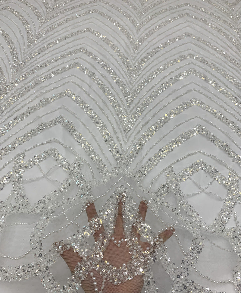Precision Bugle Foam Bead Sequin Embroidered Fabric — fabric photo 4