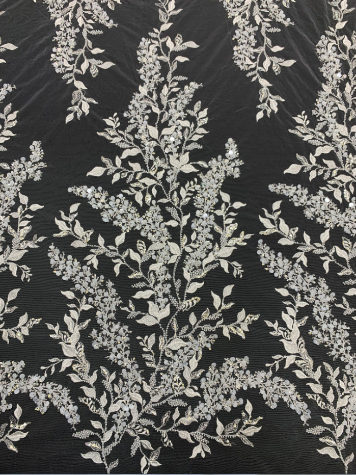 3D 3/7 mm Sequin & White-Core Bead Embroidered Bridal Fabric – Design 50591 — fabric photo 2