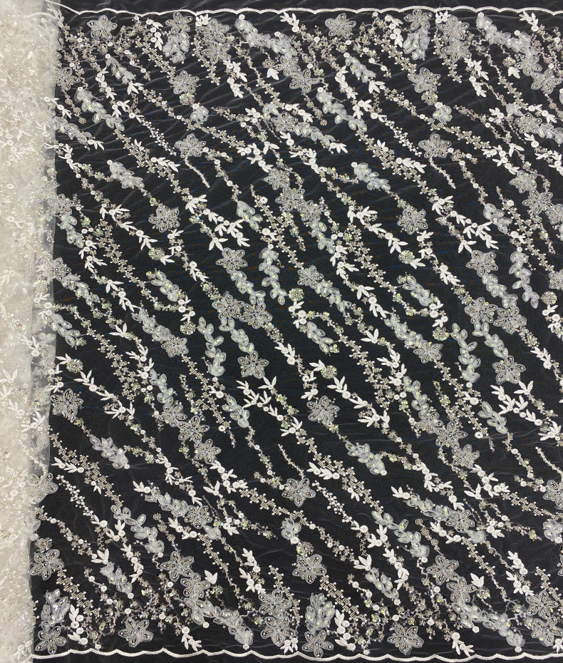 Corded Silver Bead & 4/7 mm Sequin Embroidered Fabric — fabric photo 2