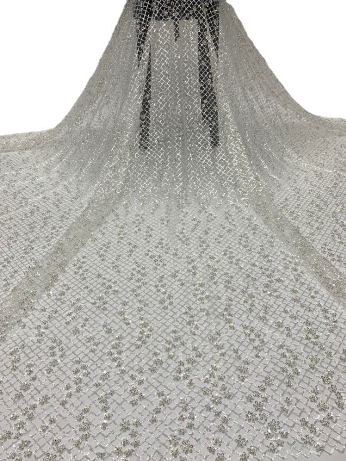 2/4 mm Crystal-Look Sequin & Silver-Bead Embroidered Bridal Fabric – Design 45311