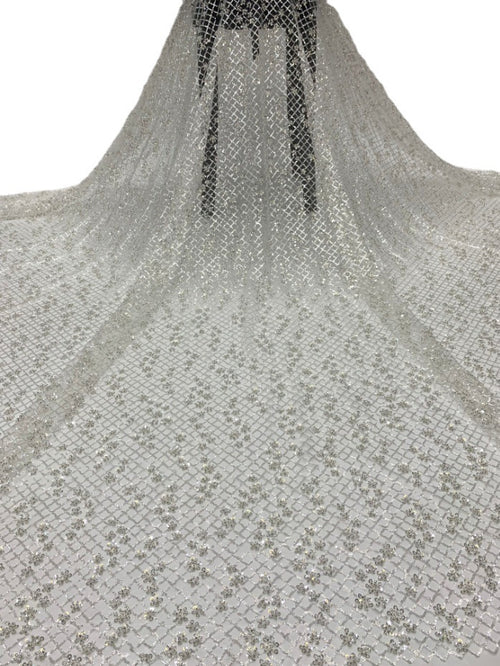 2/4 mm Crystal-Look Sequin & Silver-Bead Embroidered Bridal Fabric – Design 45311