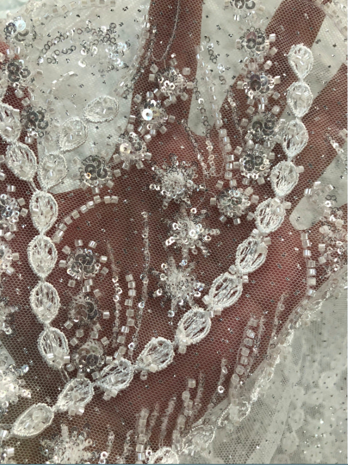 2/4 mm Crystal-Look Sequin & Double-Bead Embroidered Bridal Fabric – Design 19455 — fabric photo 6