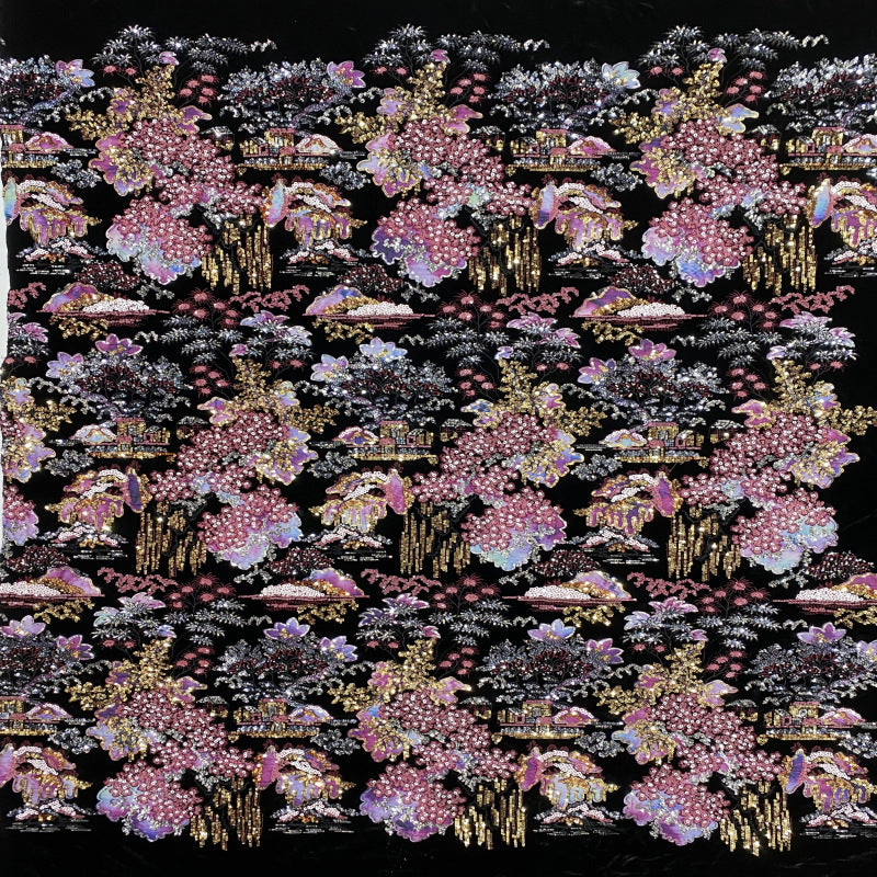 Landscape Embroidery & Sequin Velvet Fabric — fabric photo 2