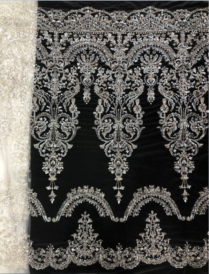 3 mm Crystal-Look Sequin & Silver-Bead Embroidered Bridal Fabric — fabric photo 6