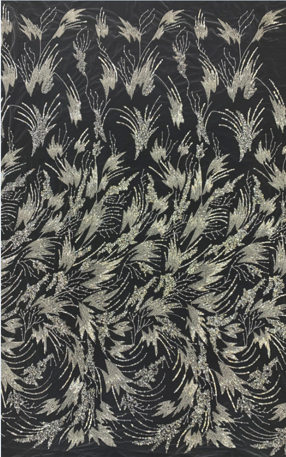 3/4 mm Crystal-Look Sequin & Silver-Bead Embroidered Bridal Fabric – Design 30047 — fabric photo 4