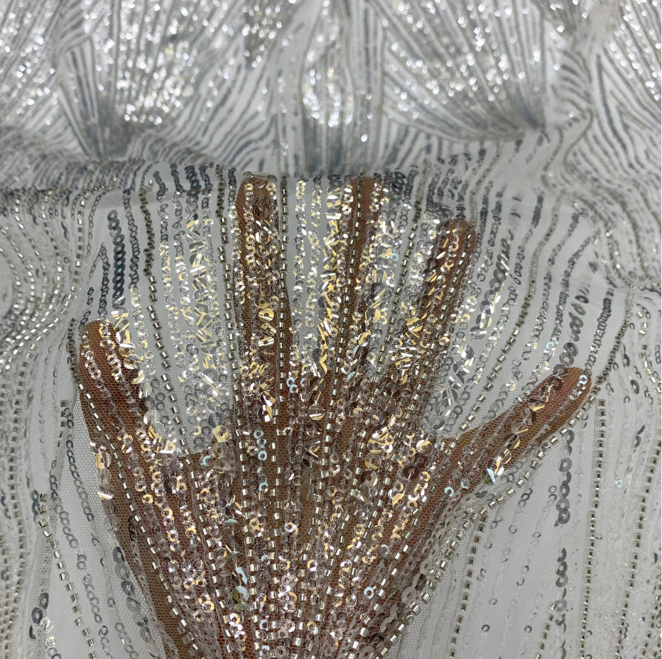 3D 3/5 mm Crystal-Look Sequin & Silver-Bead Embroidered Bridal Fabric – Design 16543 — fabric photo 2