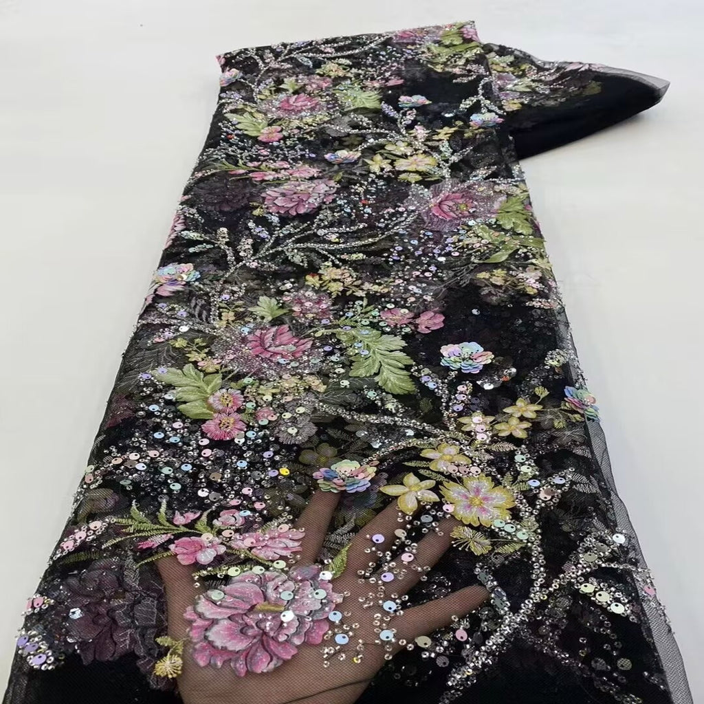 Botanical Print Bugle Bead Sequin Fabric — fabric photo 5