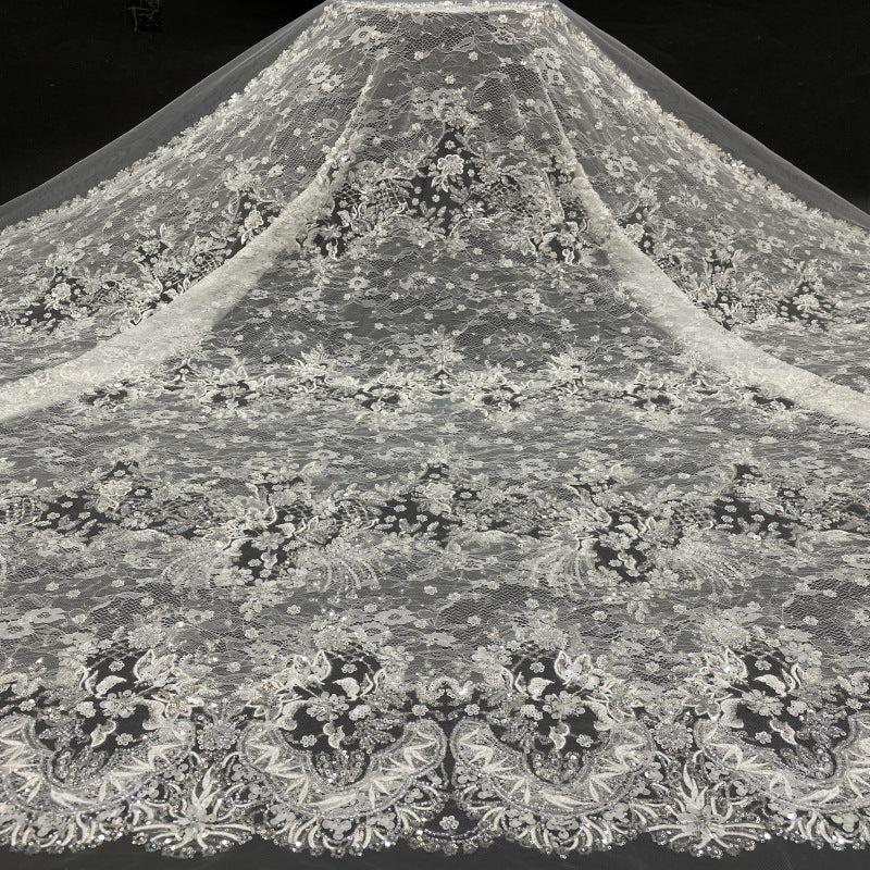 Heavy Sequin & Bugle-Bead Embroidered Lace Fabric