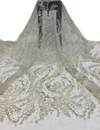 Silver-White Thread Triple-Bead & 3 mm Sequin Fabric